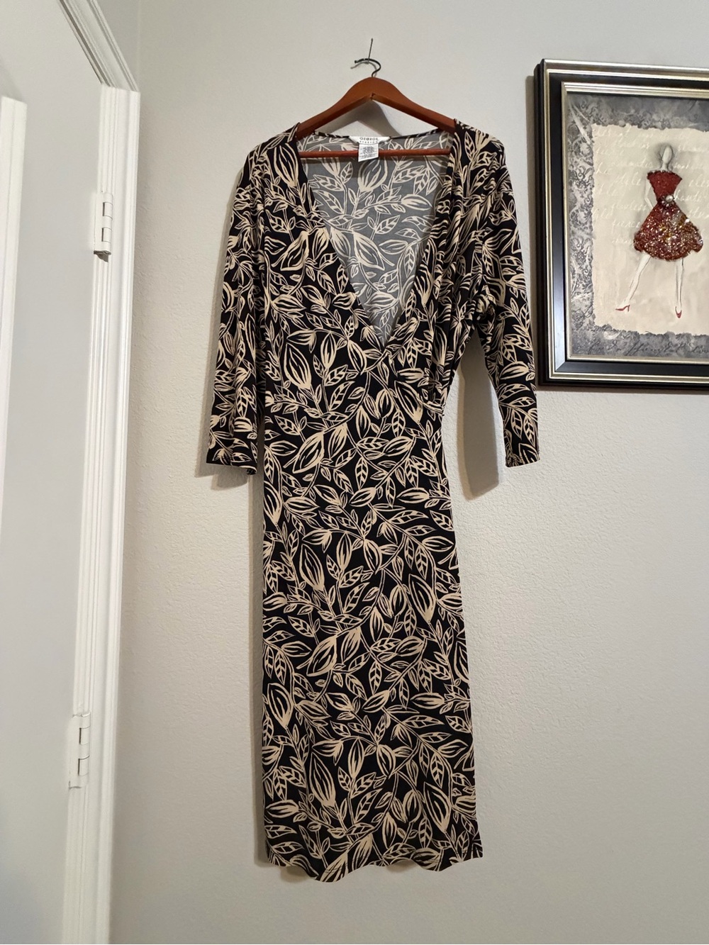 George Black Wrap Midi Dress with Cream Leaf Print
